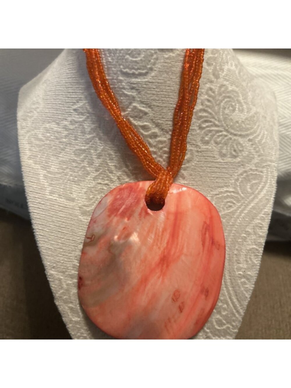 Boho Orange Mother of Pearl Shell Statement Necklace Multi Strand (5) Seed Beads